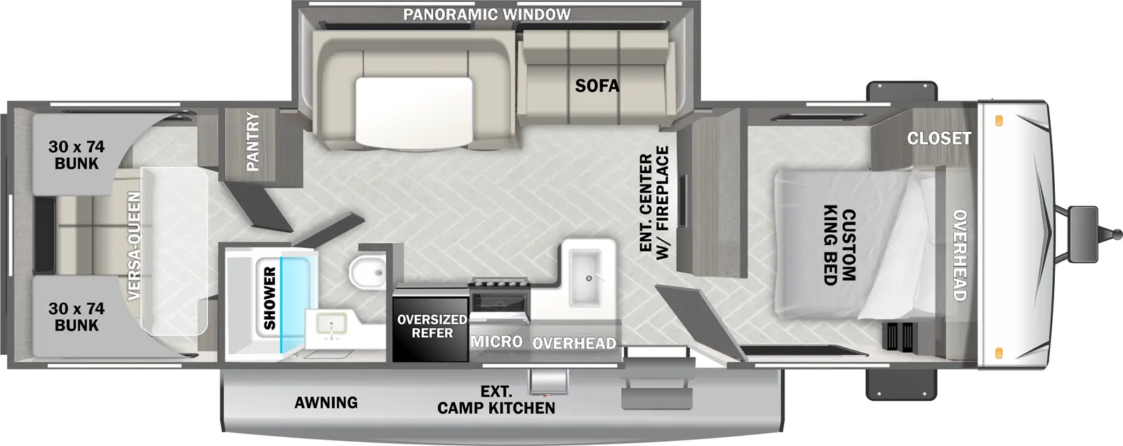 The Evo Southwest T2800BHL floorplan has one entry and one slide out. Exterior features include: metal exterior, 16' awning and outside kitchen. Interiors features include: bunk beds, u-dinette and front bedroom.